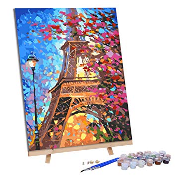 VIGEIYA DIY Paint by Numbers for Adults Include Framed Canvas and Wooden Easel with Brushes and Acrylic Pigment 15.7x19.6inch (Eiffel Tower)