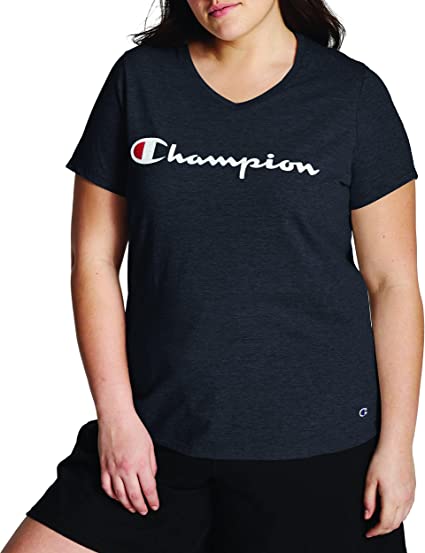 Champion Women's Plus Jersey V-Neck Tee, Script Logo