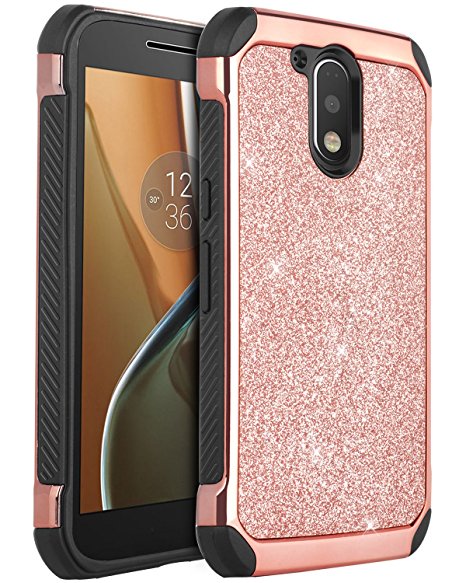 Moto G4 Case, Moto G4 Plus Case, BENTOBEN 2 in 1 Luxury Glitter Bling Hybrid Hard Cover Laminated with Sparkly Shiny Faux Leather Shockproof Bumper Protective Case for Moto G4/Moto G4 Plus, Rose Gold