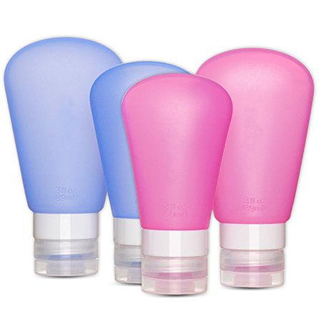 Silicone Travel Bottles, Travelers Portable Silicone Containers Set Leak Proof Squeezable and Refillable Bottles for Liquids, Lotion, Cond, Shamp, Soap etc, Set of 4