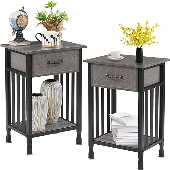 VECELO Nightstands Set of 2, Industrial Side/End Tables with Drawer and Storage Shelf, Night Stands for Bedroom, Living Room, Wood Metal Furniture, Easy Assembly, 2 Pack, Hemp Gray