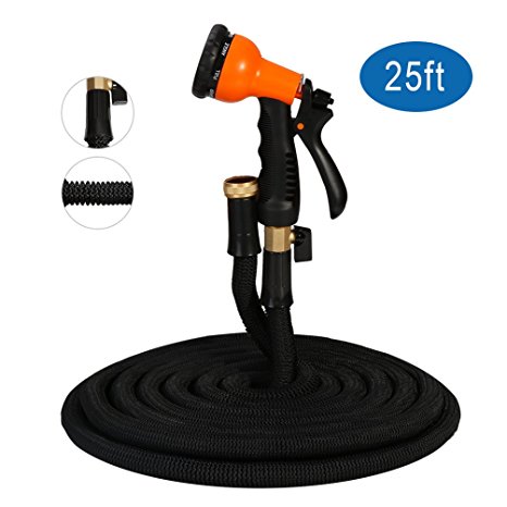 Hongmai 25ft Expandable Garden Hose - New Water Hose, Heavy Duty Leakproof Connector& Double Latex Core& Extra Strength Fabric Protection - Flexible Watering hose with 8 Function Spray Nozzle(Black)