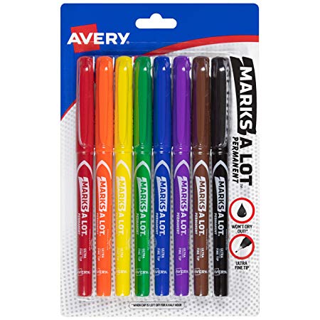 Avery Marks-A-Lot Permanent Markers, Ultra Fine Tip, 8 Assorted Markers (09231)