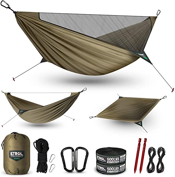 ETROL Upgraded 2 in 1 Camping Hammock with Net - Lightweight Portable Hammock for Outside, Travel, Hiking, Backpacking - Net, Tree Straps, Ridgeline, Nails, Elastic Rope