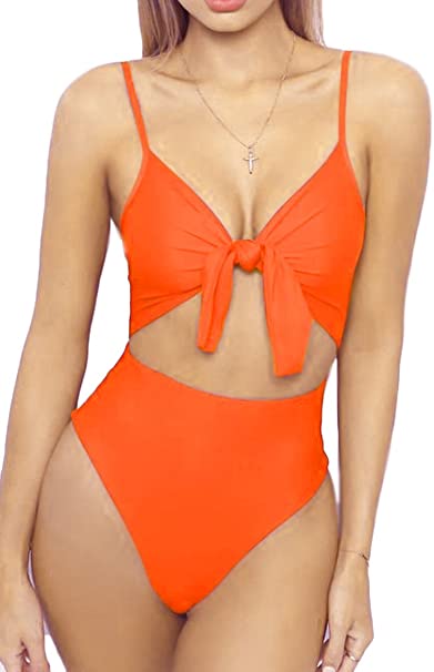 LEISUP Womens Spaghetti Strap Tie Knot Front Cutout High Cut One Piece Swimsuit