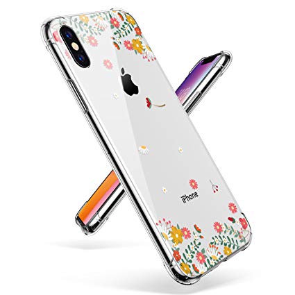 iPhone X Case, GVIEWIN Clear Flower Pattern Design Soft & Flexible TPU Ultra-Thin Shockproof Transparent Girls and Women Floral Cover, Cases for Apple iPhone X/iPhone 10 (5.8-Inch) - Spring Flowers