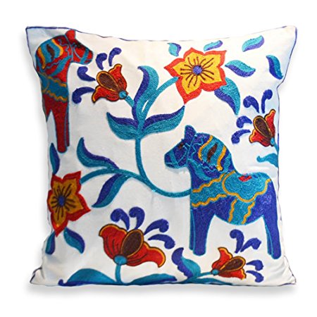 Milesky Throw Pillow Case Embroidery Cotton 18x18 inch (Dala Horse)