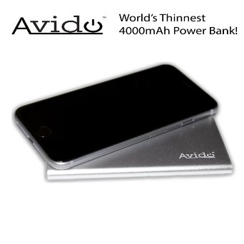 Avido8482 Worlds Thinnest 4000mAh 21Amp Output Portable Ultra-Slim Power Bank Charger  External USB Battery Power Pack for all USB-charged devices Retail Packaging - Silver