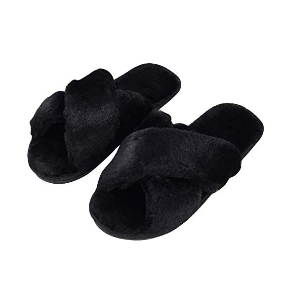 Humiwa Womens Faux Fur Slippers Warm Fussy Flip Flop House Slippers Open Toe Home Slippers for Girls Men