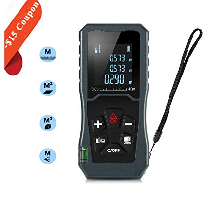 Laser Distance Measure, GBTIGER Handheld Compact 131FT/40M Laser Meter Measure Distance Area and Volume Switch The Units M/Ft / in with 2 Bubble Levels and LCD Backlit, Hand Band Included.