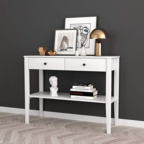 White Finish Entryway Console Sofa Table with Two Drawers and Shelf