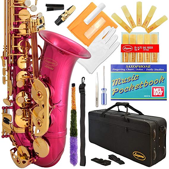 Lazarro 360PK 360-PK E-Flat Eb Alto Saxophone Pink-Gold Keys with Case, 11 Reeds, Care Kit and Many Extras