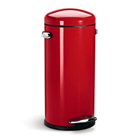 simplehuman Round Retro Step Trash Can, Red Steel, 30 L / 8 Gal