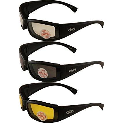 Set of (3) Stray Cats Motorcycle Glasses Sunglasses Smoked Clear Yellow New Double Sided Anti Fog Coating Foam Padded UV400 MSRP is $48.00 for the Set