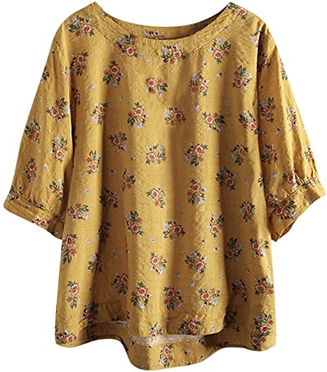 Mlide Womens Crewneck Short Sleeve Boho Floral Print Cotton Linen Top Blouse Peasant Shirt