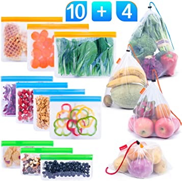 Reusable Food Storage Bags 14 Pack, Reusable Sandwich Freezer Bags 10 pack   Reusable Produce Bags 4 pack, Washable Reusable Ziplock Bags for Lunch Snack Groceries Mesh Bags for Shopping & Leakproof