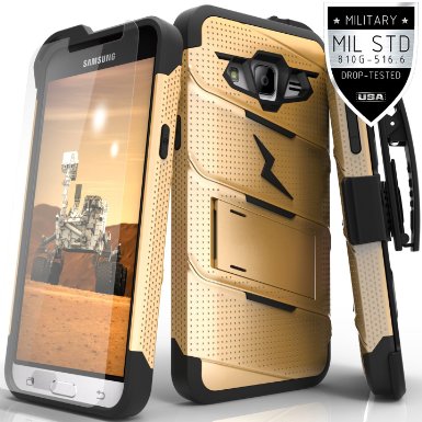 Zizo Bolt Cover For Galaxy Amp Prime | Galaxy J3 [.33mm 9H Tempered Glass Screen Protector] Dual-Layered [Military Grade] Case Kickstand Belt Clip-Gold/Black