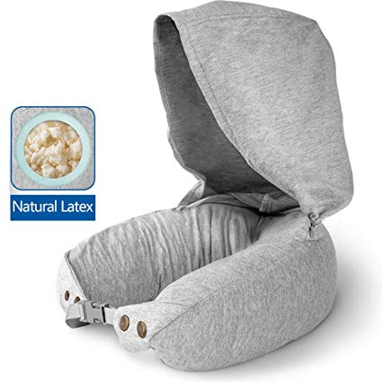 Natural Latex Travel Pillow for Airplanes -Best Neck Support Airplane Pillow/ Travel Cushion -Ultra Comfort for Travelling in Airplane, Car, Train- Anit-Mite Travel Neck Pillow with Hood (2 in 1) -Best Hoodie Pillow and Travel Accessories