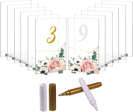 12 Pack Acrylic Table Number Signs, Clear Wedding Sign Holder with Stands, 5 x 7 Inch Blank Table Number Display Holder for Wedding and Restaurant with White and Gold Marking Pen