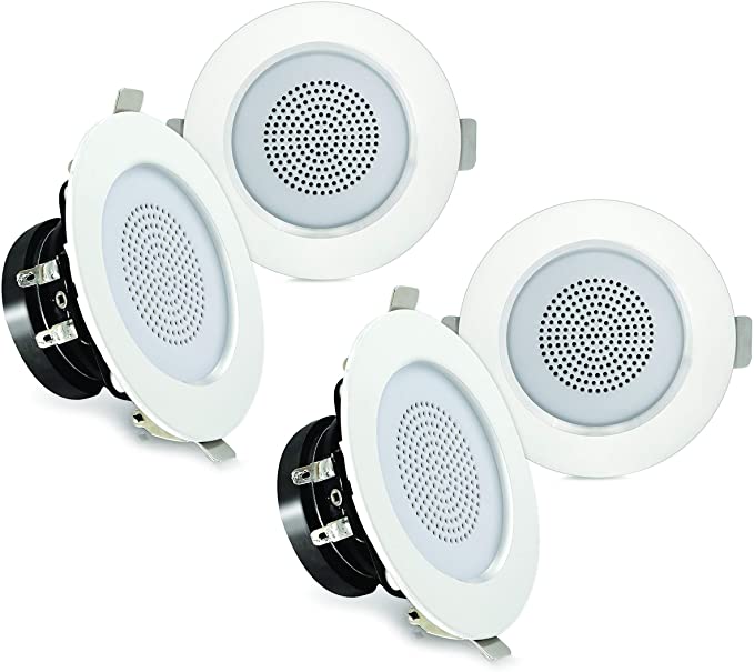 Pyle 3” Bluetooth Flush Mount in-Wall in-Ceiling 2-Way Home Speaker System Built-in LED Lights Aluminum Housing Spring Loaded Clips Polypropylene Cone & Tweeter Stereo 200W, Set of 4 (PDIC4CBTL3B) , White