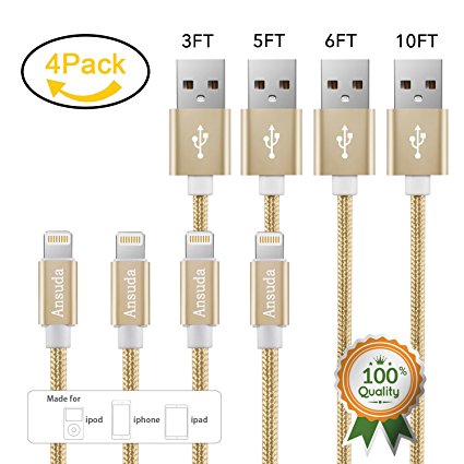 iPhone Cable 4 Pack 3 5 6 10 ft Lightning Cable Braided Nylon lines, Ansuda Charging Cable Cords for iPhone 7 / 7 Plus / 6s / 6s Plus / 6 / 6 Plus /5s / 5c, iPad mini / Air / Pro iPod touch (Gold)