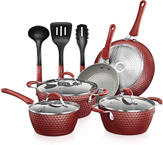 NutriChef Nonstick Cookware Excilon Home Kitchen Ware Pots & Pan Set with Saucepan Frying Pans, Cooking Pots, Lids, Utensil PTFE/PFOA/PFOS Free, 11 Pc, ocs, Red Diamond