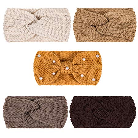 Whaline 5 Pieces Knit Headbands Winter Ear Warmers, 4 Elastic Turban Head Wraps and 1 Pearl Crochet Hair Band, Hair Scrunchies Scarves for Women Girls (Yellow Brown Colors)