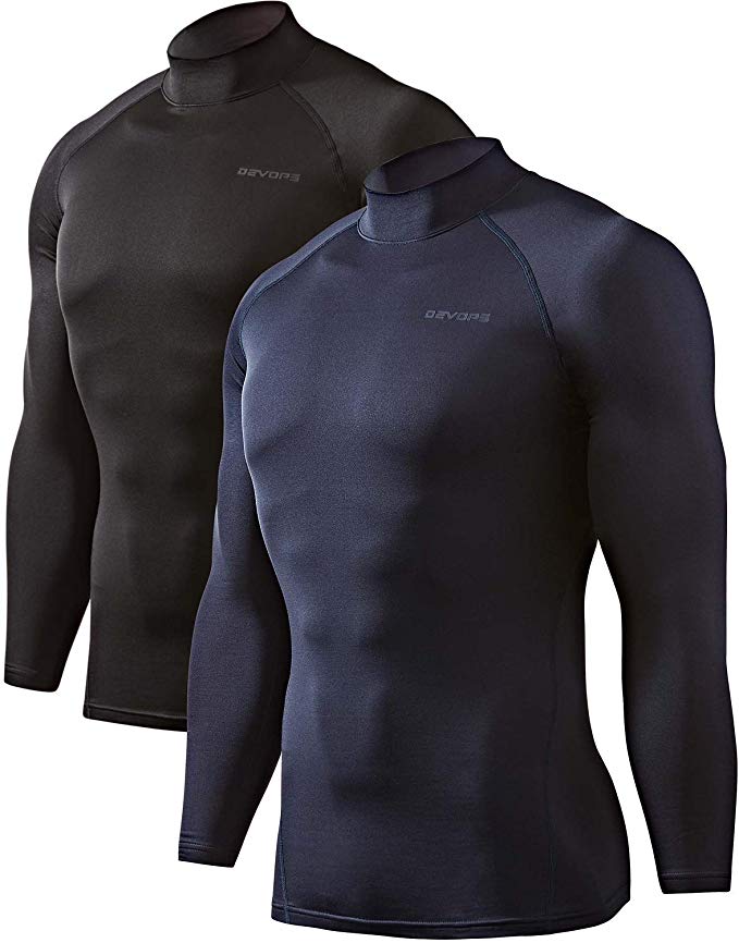 DEVOPS Men's 2 Pack Thermal Heat-Chain Compression Baselayer Tops Mock Turtleneck Long Sleeve T-Shirts