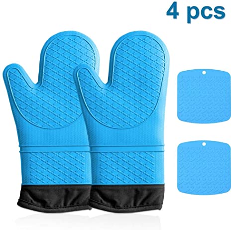 Disino Silicone Oven Mitts and Pot Holders 4 Piece Sets -Advanced Heat Resistant BBQ Oven Gloves, 2 pcs Kitchen Counter Safe Trivet Mats for Kitchen, Cooking, Baking,BBQ(Blue)