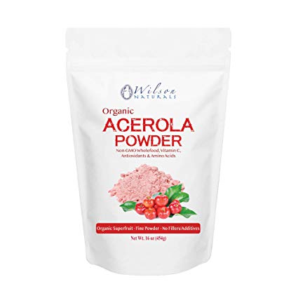 Wilson Naturals Organic Acerola Powder (Non-GMO) – Vitamin C Powder with Immune Factors Made from Wholefood Acerola Cherry. No Additives and Natural Minerals and Citrus Acid 454 Gram (114 Servings)