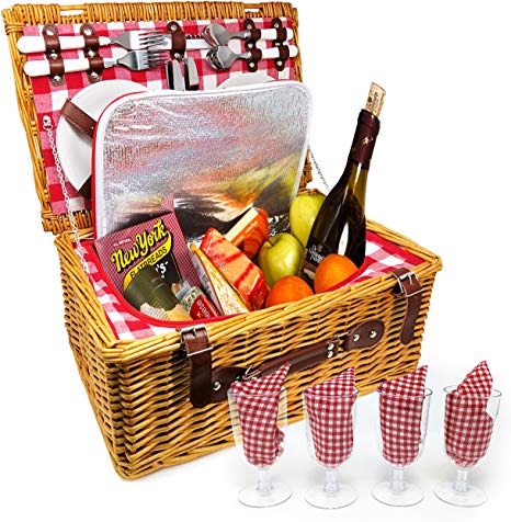 Upgraded Picnic Basket 2020 Model - Insulated 4 Person Wicker Hamper - Premium Set with Plates, Wine Glasses, Flatware and Napkins (Four Person)