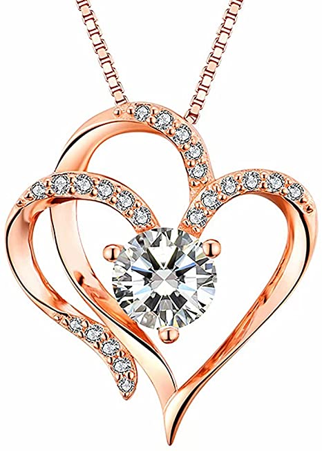 Heart Necklaces 14K Rose Gold Plated 925 Sterling Silver Birthstone Pendant Necklaces 5A Cubic Zirconia Heart Necklaces for Women Jewelry Gift Necklaces for Women Mom