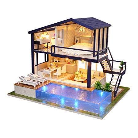 UniHobby DIY Miniature Dollhouse Kit Time Apartment DIY Dollhouse Kit with Wooden Furniture Light Gift House Toy