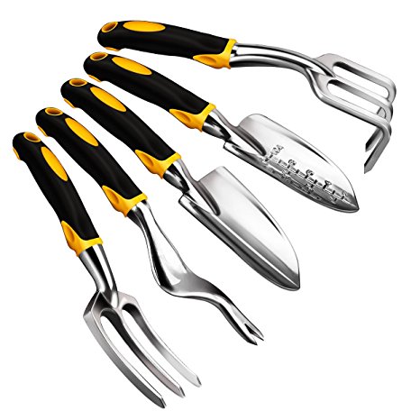 Anpress 5 Piece Gardening Tools Set Including Trowel, Transplanter, Cultivator, Weeder, Weeding Fork, Garden Tools with Heavy Duty Cast-aluminum Heads & Ergonomic Handles