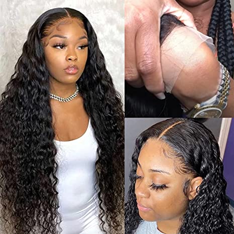 ISEE Hair Transparent Lace Front Wigs Human Hair Deep Wave Wigs 150% Density Deep Curly 13X4 Lace Frontal Human Hair Wigs for Black Women Pre Plucked with Baby Hair Natural Color (16 Inch)