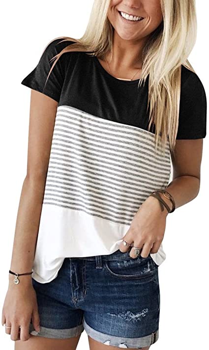 Aygience Womens Short Sleeve Striped T-Shirt Color Block Striped Shirts Casual Blouse