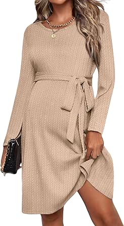 Ekouaer Womens Maternity Dress Rib Knit Long Sleeve Pregnancy Dresses Crewneck Pregnant Clothes with Belt