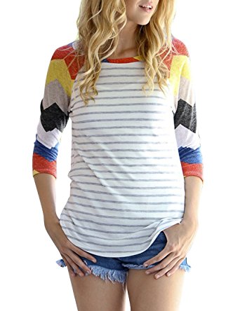 MEROKEETY Women's Striped Contrast Color Tops 3/4 Sleeve Baseball Tee Shirt Blouse