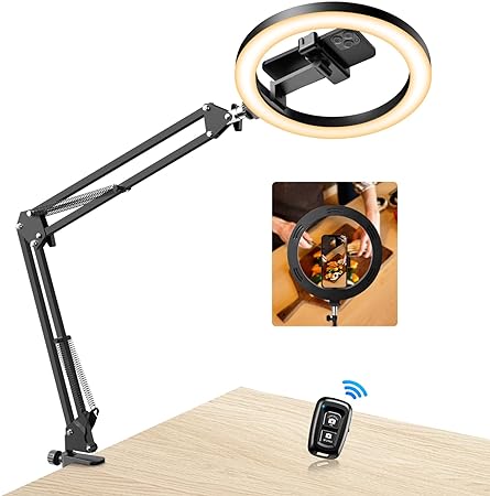 Overhead Phone Camera Mount with 10”Ring Light, Evershop Selfie Ring Light with Stand & Phone Holder, Circle LED Desk Ring Light with Remote Control for Video Recording,Cooking,Meeting,Live Streaming