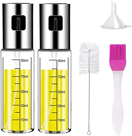 Oil Sprayer, Xpatee Olive Oil Sprayer Mister with Brush Funnel, 100ml Transparent Vinegar Bottle Oil Dispenser for BBQ, Making Salad, Baking, Frying Chicken (2 Pack)