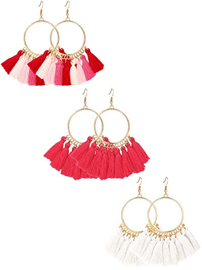 Gejoy Tassel Hoop Earrings Fan-shaped Drop Earrings Dangle Eardrop for Women Girls Party Bohemia Dress Accessory, 3 Pairs