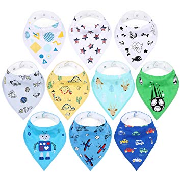 Baby Boy Bibs, 10 Pack Organic Cotton Bandana Bibs with Adjustable Snaps|Stylish Patterns|Super Soft and Absorbent Baby Shower Gift Set|Newborn Toddler Washable Saliva Cloths for Drooling & Teething