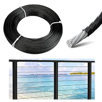 MUZATA 300 ft 1/8" Black Vinyl Coated Wire Rope T316 Stainless Steel Cable for Seaside Coastal Damp Area ID 1/8" OD 3/16" for 1/8" Black Cable Railing Indoor Outdoor Deck Cable Railing 7x7 Strand WR22