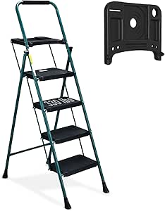 HBTower 4 Step Ladder with Tool Tray, Folding Step Stool with Wide Non-Slip Pedal and Comfort Handgrip for Household and Office, Lightweight 330lbs Capacity Step Ladder, Green