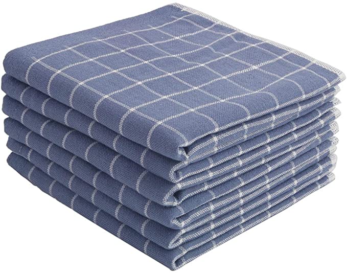 PiccoCasa 100% Cotton Kitchen Dish Cloths 6 Pack, Ultra Absorbent Dishclothes, Plaid Tea Coffee Towels for Household Cleaning, Classic Pattern Style, Blue