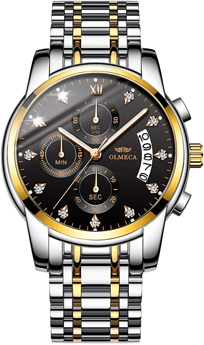 OLMECA Men's Watches Diamonds Wristwatches Sports Fashion Chronograph Functions Calendar Date Waterproof Luminous Fashion Quartz Wrist Watches Stainless Steel Band 827