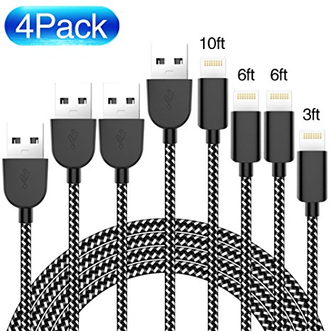WUXIAN iPhone Charger,[4 Pack 3FT/6FT/6FT/10FT] Extra Long Nylon Braided 8 Pin Lightning Cable USB Charger Cord Compatible with iPhone 7/7 Plus/6S/6S Plus,5/6S/SE,iPad,iPod (Black)