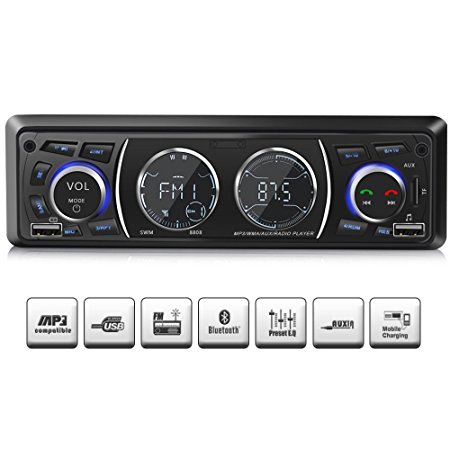Car Stereo Receiver with Bluetooth, Single Din Univeral Car Radio,USB/TF Slot/FM/WMA/MP3 Player,Wireless Remote Control Included