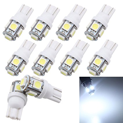 Grandview 10-Pack T10 501 LED Bulbs W5W 194 168 White 5-SMD 5050 LED Car Interior,Dashboard,Number Plate,Sidelights Boot Light Bulbs (12 V)