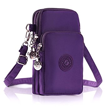 M.Way Multinational Outdoor Sports 3 Layers Storage Zipper Waterproof Nylon Crossbody Wrist Shoulder Bag Cell Phone Pouch Handbag Armband Case For iPhone6/7 Samsung S5 S6 S7 Under 5.5'' Purple